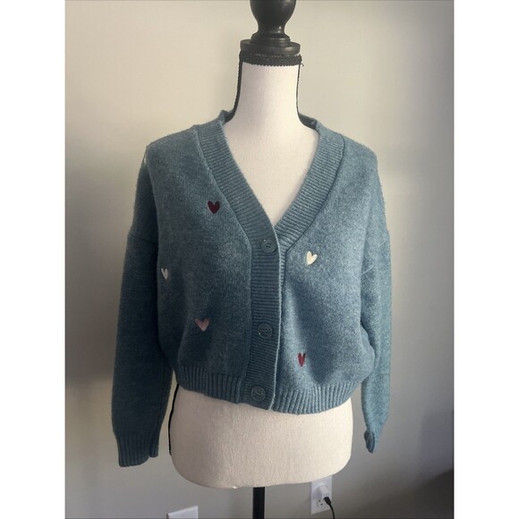 Witty Fox Ditzy Floral Small Blue Cropped Button Sweater Embroidered Hearts - Picture 1 of 7